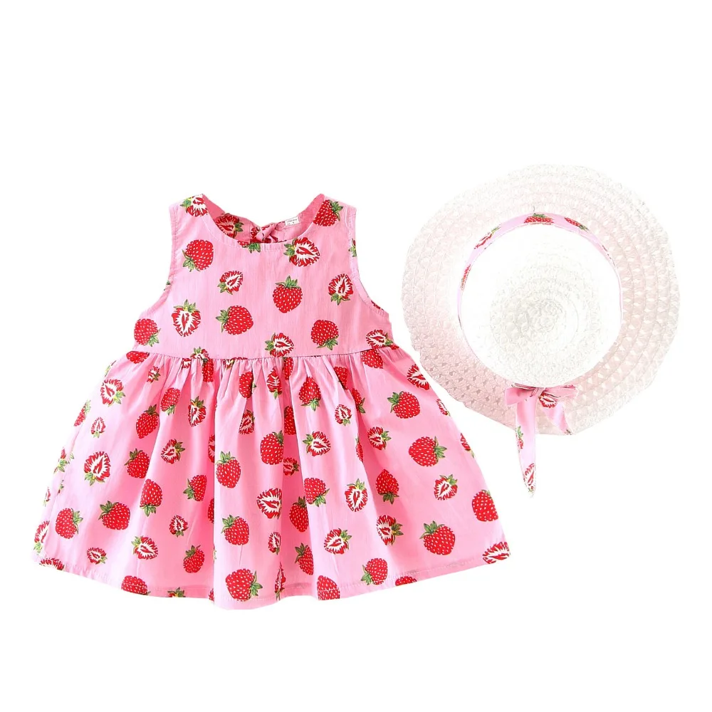 

2Pcs Baby Girls Dress Sets Kids Fruit Pattern Dresses Casual Sleeveless Tutu Sundress +Hat
