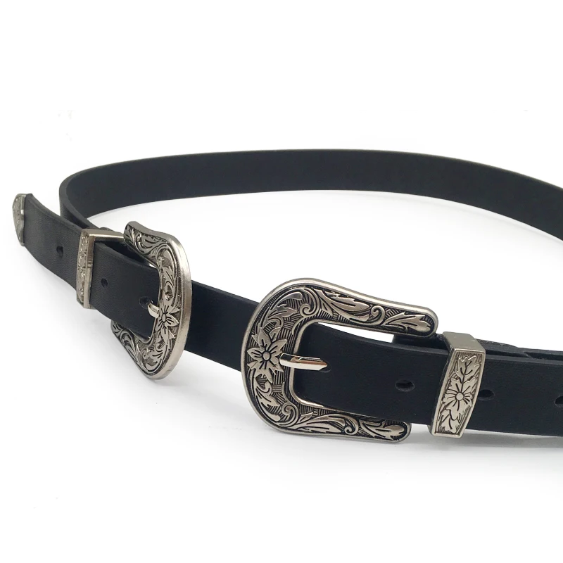 Женский черный кожаный пояс с металлической пряжкой ремень двойной поясом для