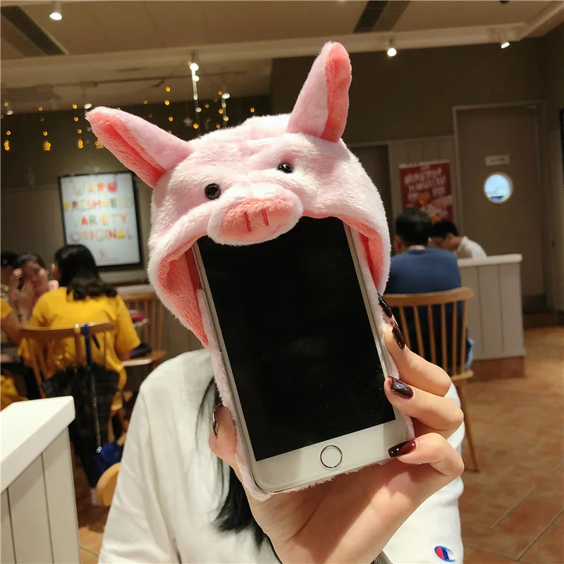Applex mobile phone shell Plush piggy hat female iPhone7p cartoon dog rabbit hard case 8 6S couple 8plus new idea 6 cute XS max |