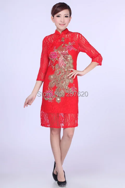 Free shipping Peacock qipao chinese women's Lace cheongsam traditional dress Qipao short 3 color E0014 |