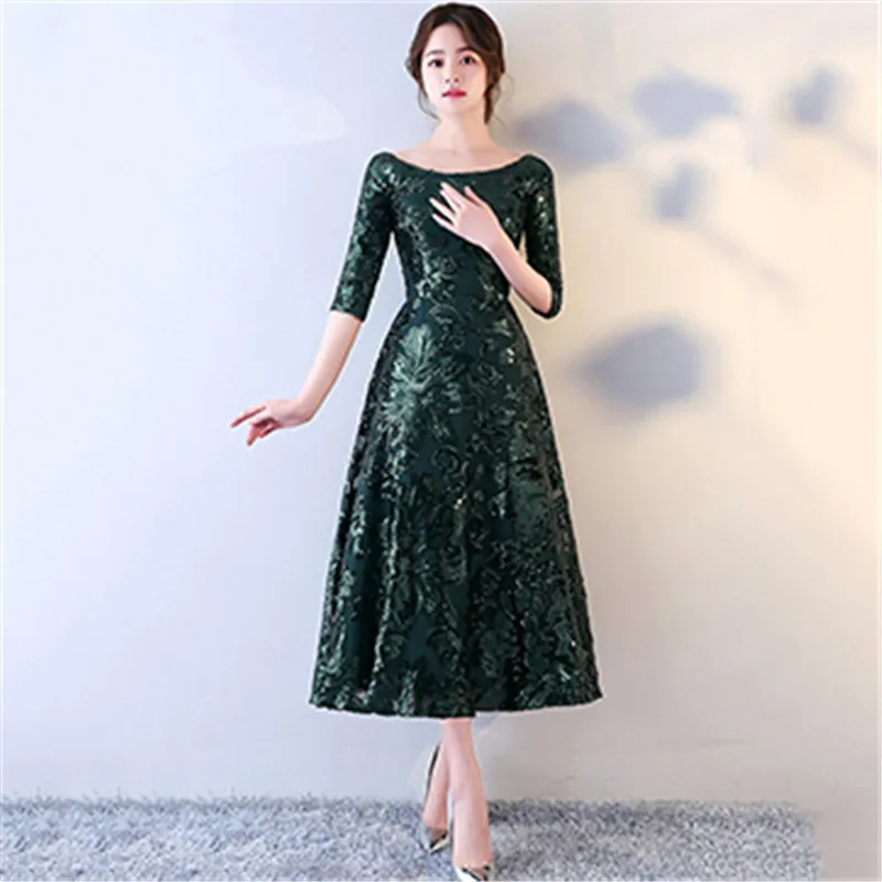 Ink green mid-long Вечерние платья, женские красные, золотисто-зеленые, 7 цветов, XS-3XL, большие размеры, праздничные платья, новое осенне-зимнее корейское Макси платье CX961 - Цвет: Ink green mid-long