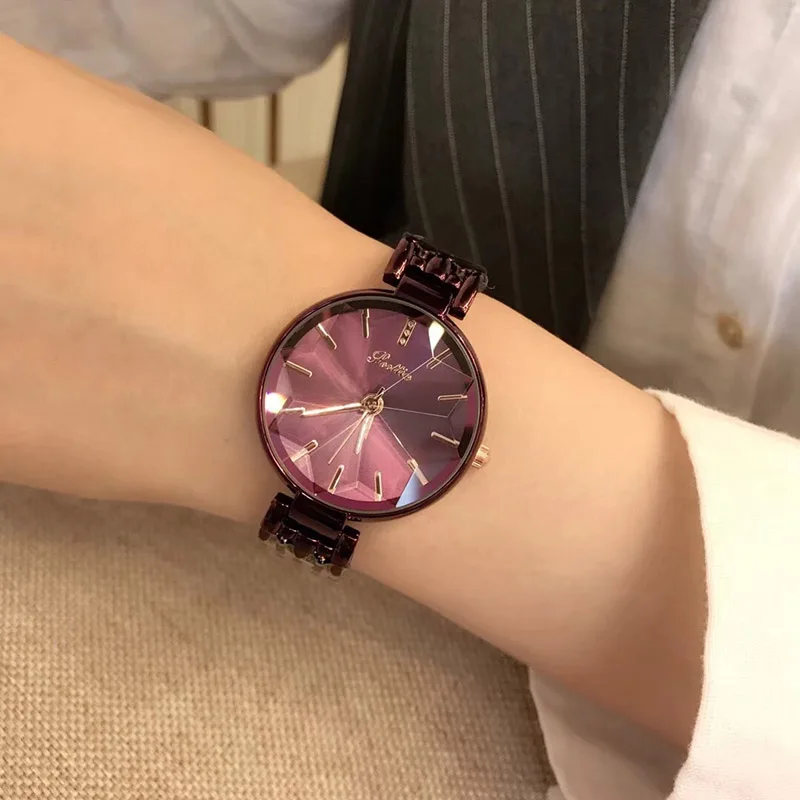 Purple Роскошные Брендовые женские водонепроницаемые часы из нержавеющей стали, японские кварцевые блестящие наручные часы с зеркальной поверхностью - Цвет: Purple