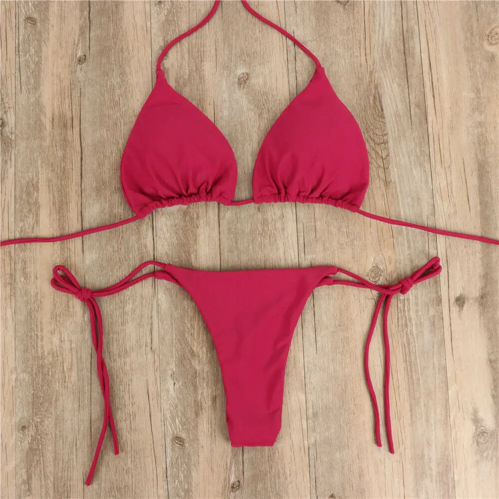 Wine Red 2 шт сексуальные женские летние купальники бикини набор бюстгальтер галстук боковые трусики-танга Пляжный набор в форме треугольника купальник купальный костюм - Цвет: Wine Red