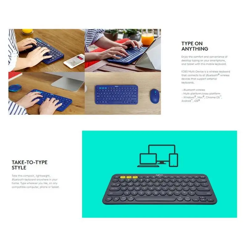 Многоуровневая bluetooth-клавиатура logitech K380, беспроводная ультра мини Бесшумная компьютерная клавиатура для Windows MacOS Android iOS