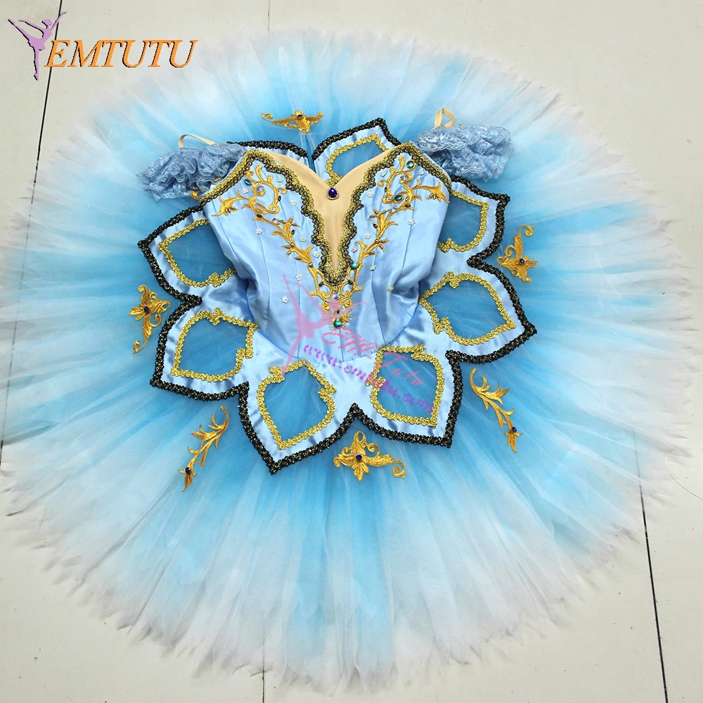 Adult Professional Ballet Tutu Deep Blue Gold Russian Women A Shape Performance Ballet Tutus Professional Ballet Stage Costume