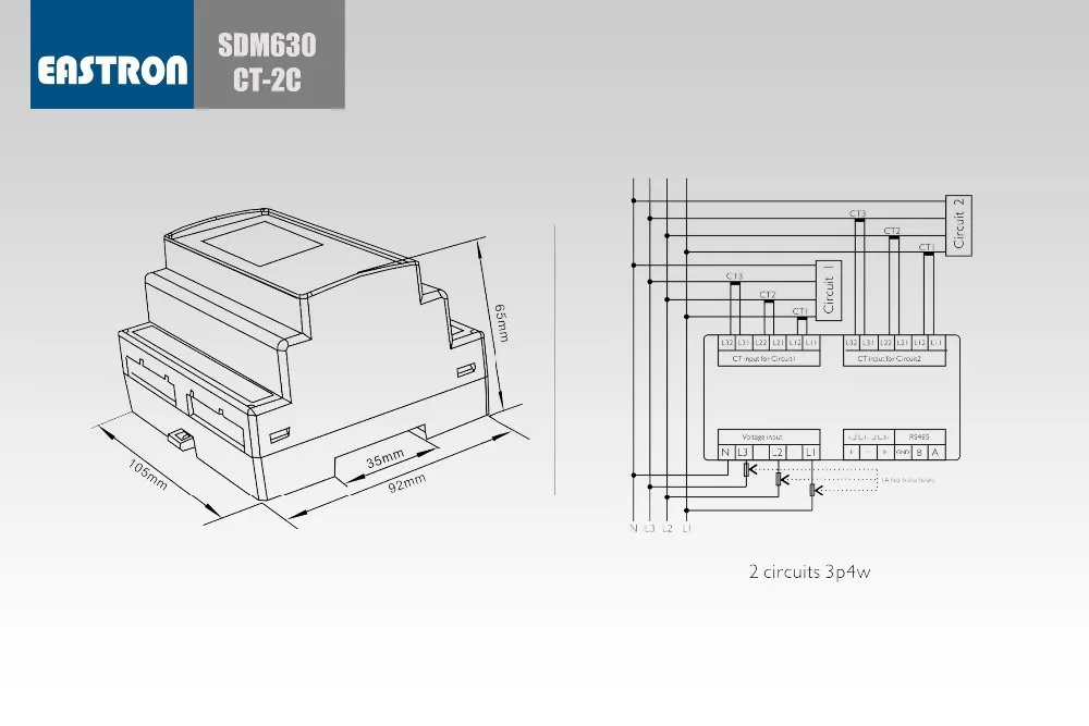 SDM630 CT-2C, 1A или 5A CT подключен, Двойной вход Многофункциональный измеритель мощности для освещения и мощности, RS485 Modbus RTU, CE утвержден