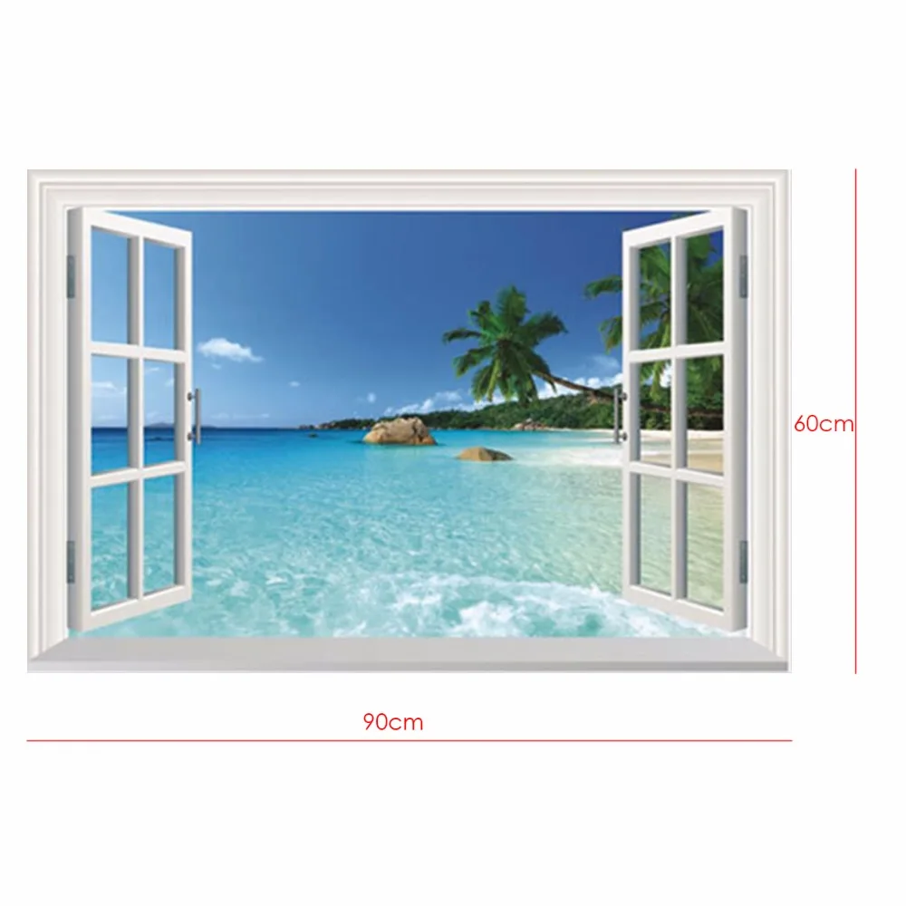 

3D Removable Beach Sea 3D Window Scenery Seascape View Wall Sticker Home Decor Decals Mural Waterproof Art Wall Paper Poster