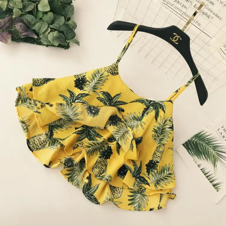 Women Sexy Strapless Camis pineapple Print Satin lotus leaf Tank Tops V neck sweet Summer 2019 Cute Tank Female blouses Camisole