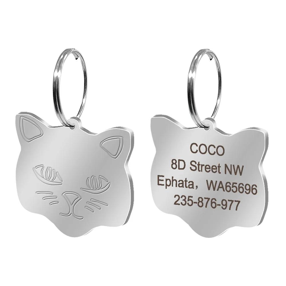Cat face Персонализированные Бирки Для домашних животных из нержавеющей стали, бирки для собак, кошек, выгравированные ошейники для собак, ошейники, аксессуары, круглые бирки для телефонов - Цвет: Cat face