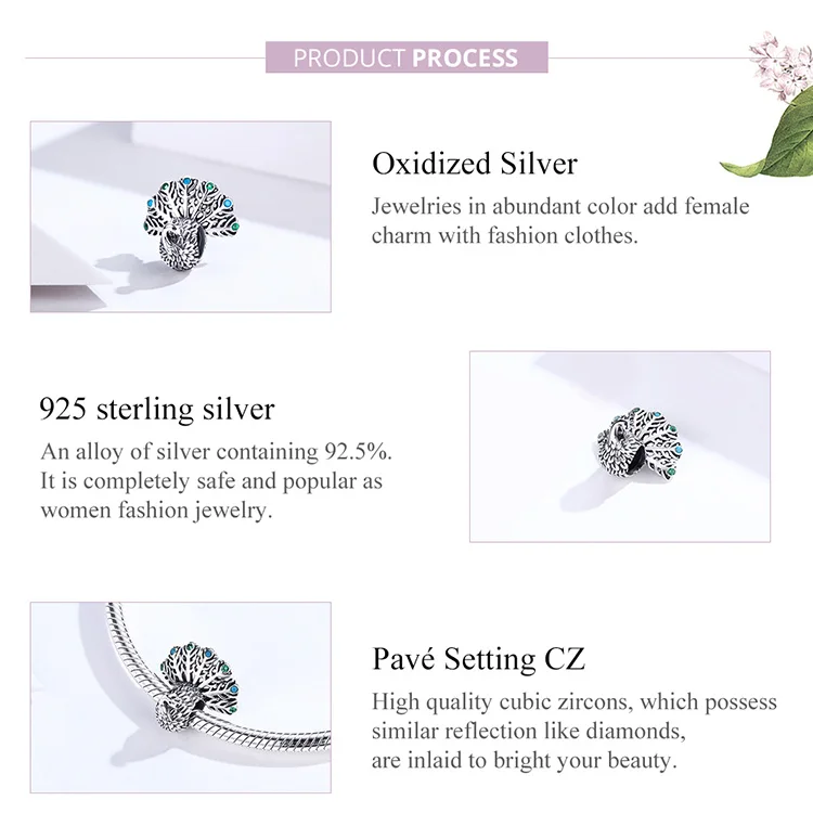 WOSTU,, модные бусы павлина, 925 пробы, Silve Zircon, шарм, подходит для оригинального браслета, кулон, сделай сам, для изготовления ювелирных изделий CQC1260