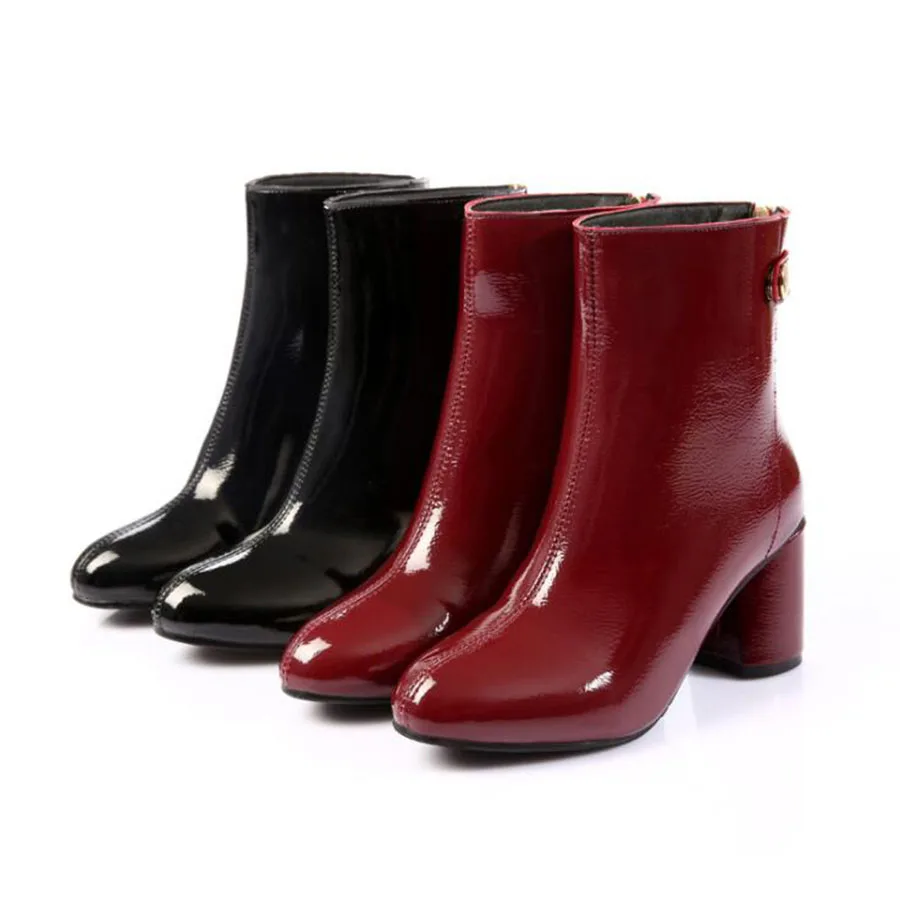 Autumn and Winter New Concise Fashion High Heel Boots Women's Round Head Cool Patent Leather Vogue Versatile Martin Lady | Обувь