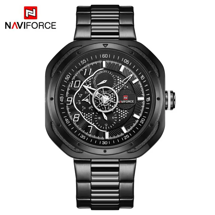 Синие кварцевые мужские часы, Топ бренд, роскошные NAVIFORCE, креативные квадратные часы для мужчин, стальной ремешок, календарь, деловые наручные часы - Цвет: BLACK BLACK