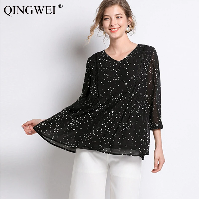 Женская шифоновая рубашка QINGWEI, черная блузка большого размера с V-образным вырезом и пятиконечной звездой, весна 2019 от AliExpress RU&CIS NEW