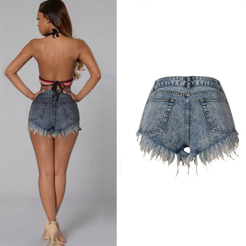 Women's Jeans New Fashion Slim High Waist Grinds Irregular Leaks Pockets Tassel Snowflakes Retro Denim Shorts