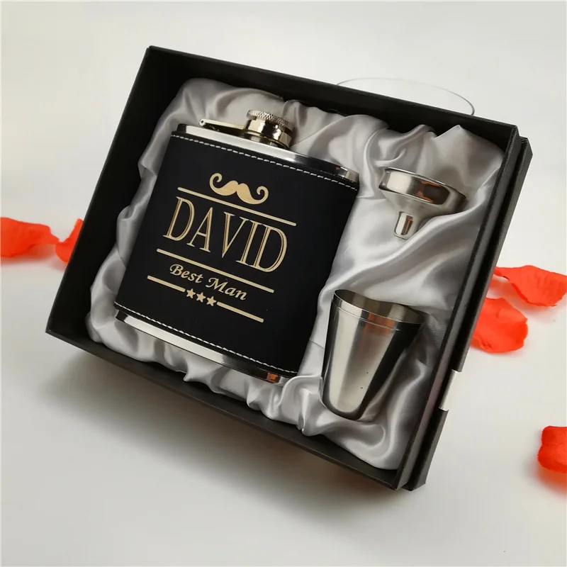 gift box JHHP 6 унций черная кожаная фляжка, фляжка для бедер, Персонализированная Выгравированная, подарок жениху или шаферу, подарок на день рождения - Цвет: gift box