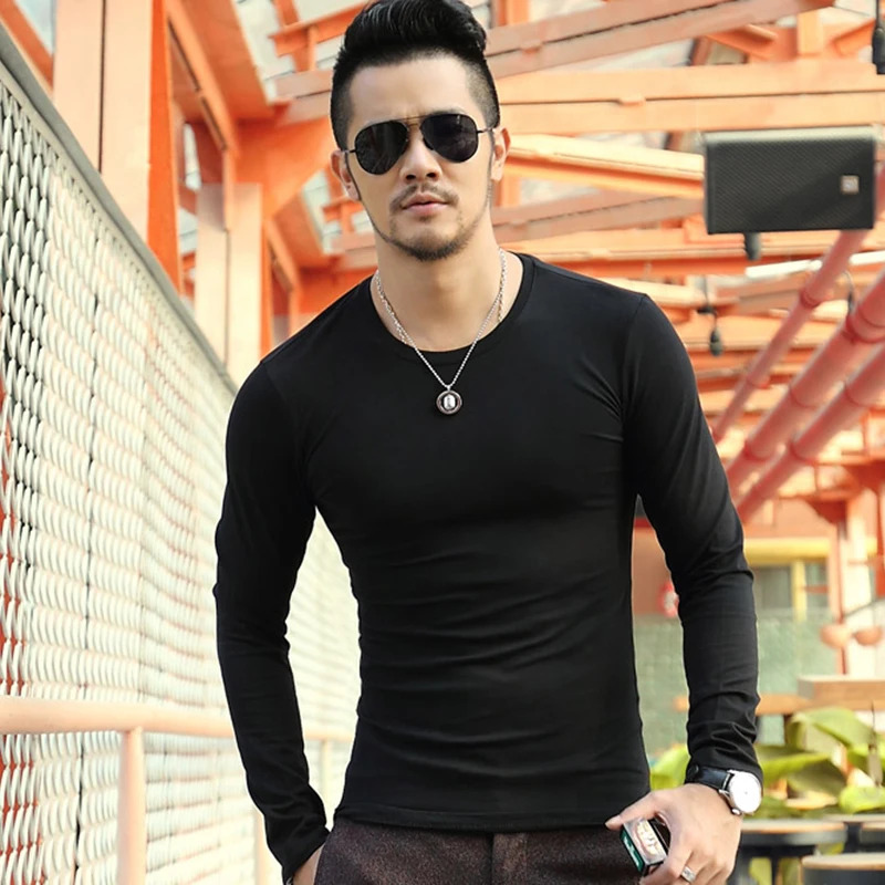 Мужская Однотонная футболка с круглым вырезом длинным рукавом | одежда