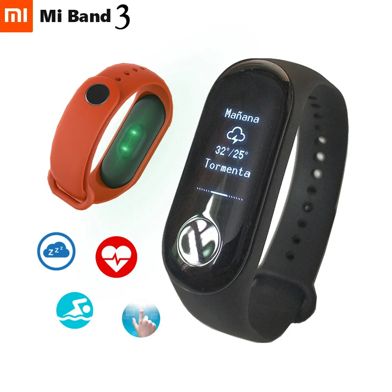 Xiaomi Mi-браслет 3 Смарт-Браслет фитнес-браслет OLED время сообщений Smartband Bluetooth 4,2 Android IOS 2pc пленка подарок