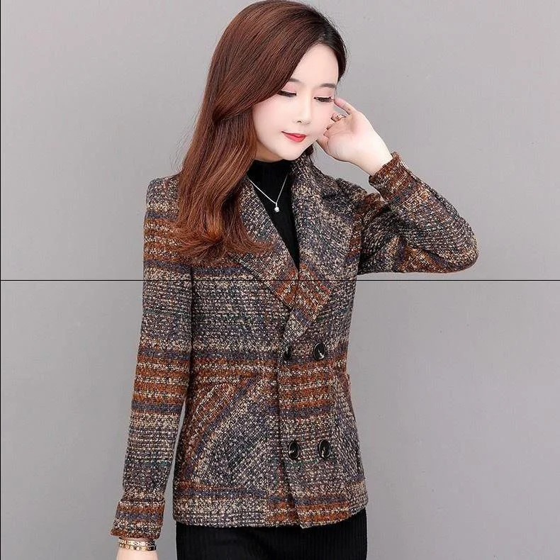 

2020 New Plaid Coat Women's Short Section Slim Double-breasted Retro Woolen Coat Spring Autumn Jackets Outerwear N897