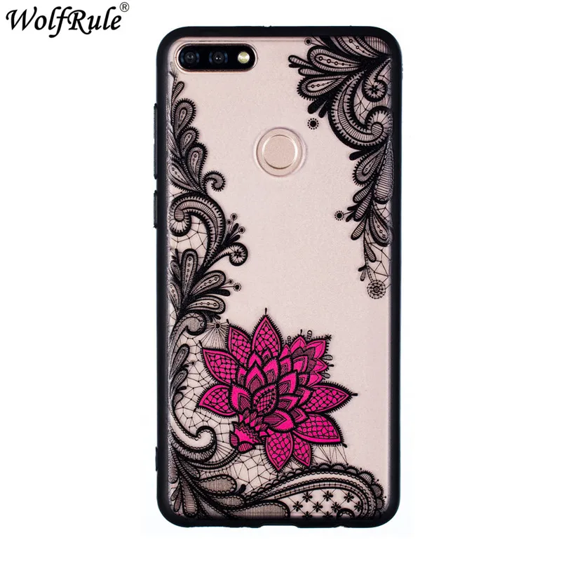 WolfRule Huawei Honor 7C Pro Case Cover Black Lace Red Flower Soft TPU For Y7 Prime 2018 Hard PC Fundas |