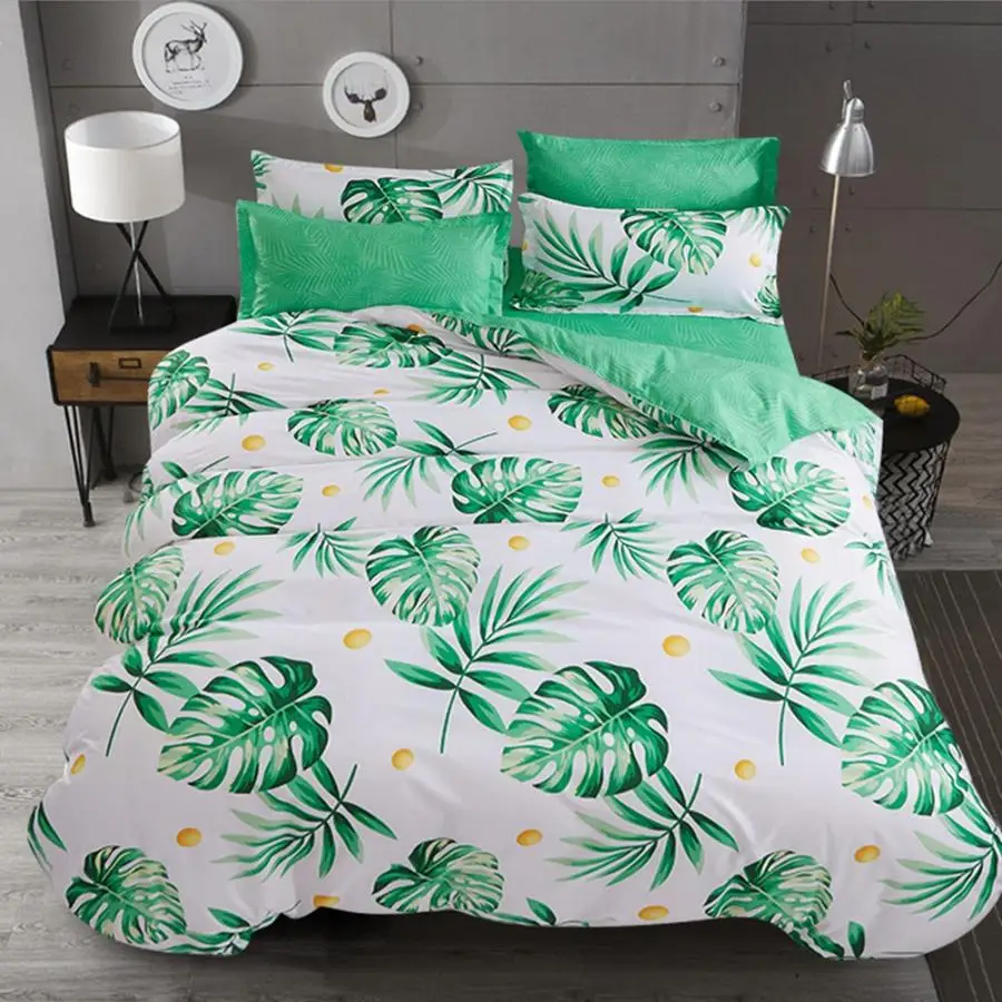 Комплект постельного белья удобные простыни с зелеными листьями пододеяльник