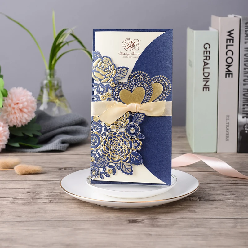 

1pcs Blue Laser Cut Wedding Invitations Card Lace Rose Heart Greeting Cards Customize with Ribbon Wedding Party Favor Decoration