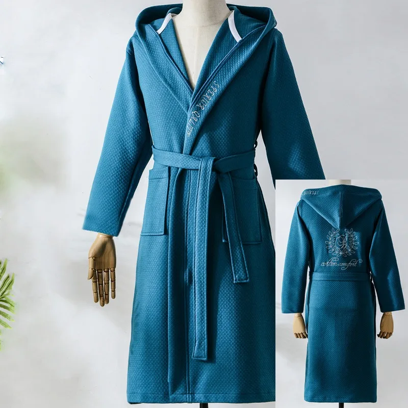 BLUE Хлопок, женский халат с капюшоном, для влюбленных, Одноцветный, полотенце, флис, одежда для сна, длинный банный халат, кимоно, женский халат, халаты для невесты - Цвет: BLUE