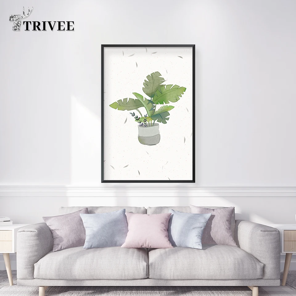 Акварельная картина на холсте печатный плакат зеленые растения тропические