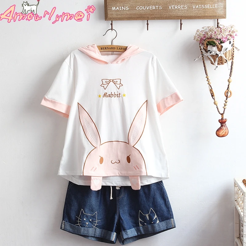 Летние женские футболки Лолита Kawaii мультфильм лук вышивка хлопок короткий рукав тройники милый японский стиль Mori Girl футболка Топы