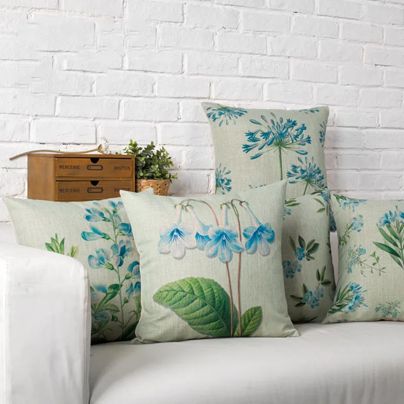 Льняная наволочка оптом в винтажном стиле с синими цветами орхидеей одуванчиком