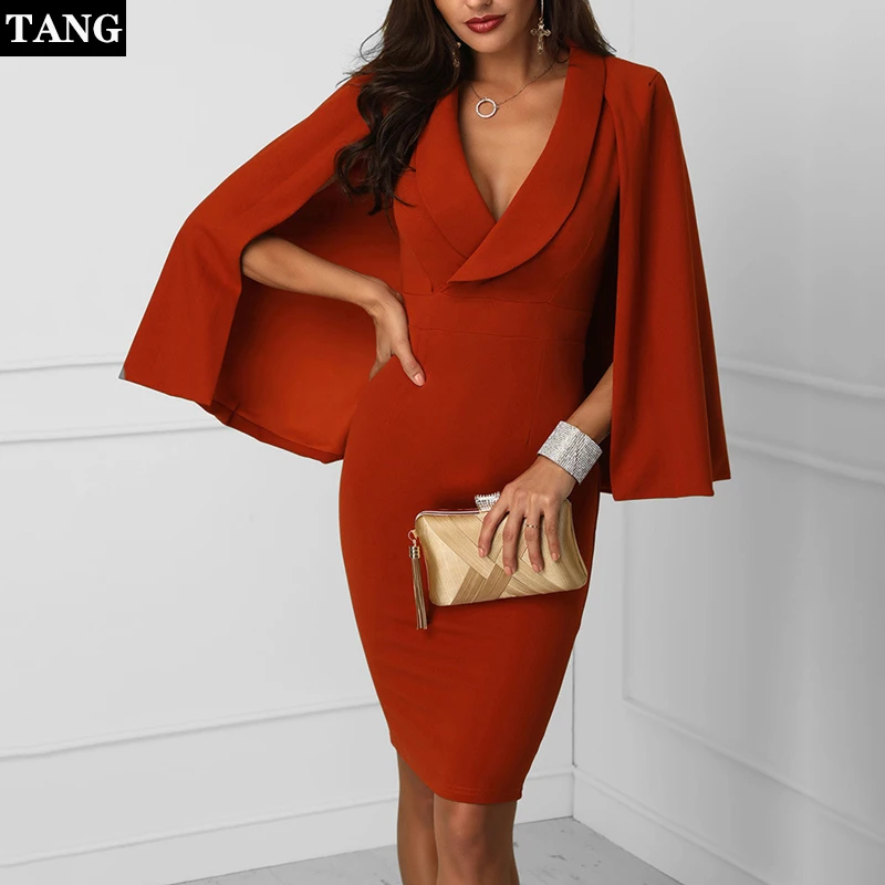 2019 осень-зима красный топ с глубоким V-образным вырезом плащ платье Для женщин