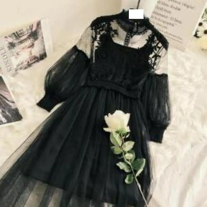 Женское ажурное платье с рукавами фонариками однотонное элегантное