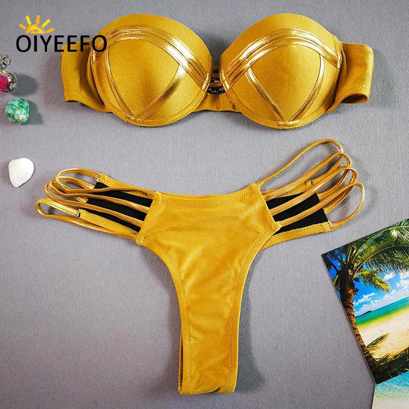 Oiyeefo Push Up Бикини Бразильский Блестящий Золотой Металлик лоскутное купальник Push-Up