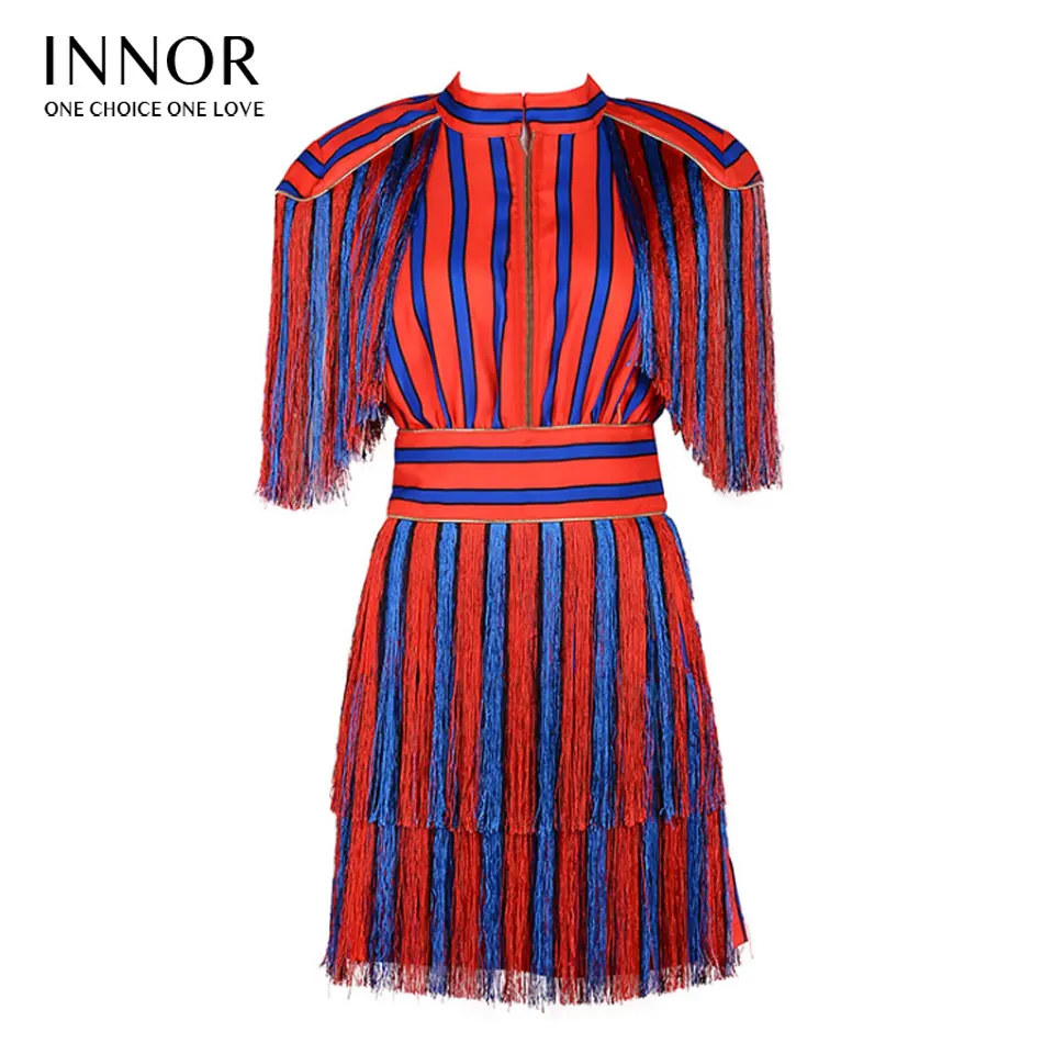 bandage Tassel Striped Patchwork Above Knee Mini Women 2017 Autumn Bodycon Celebrity Party Sexy Vestidos Noble Dresses innor#224 |