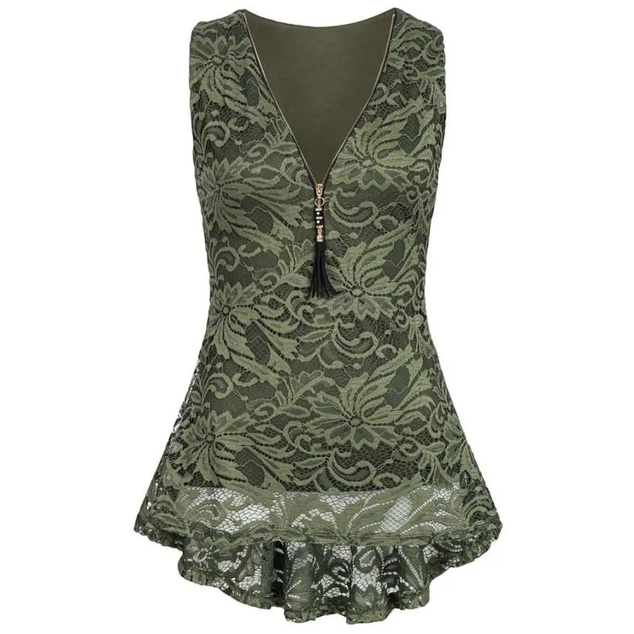 Camisetas mujer verano, женские топы, летние, цветочные, кружевные, на молнии, майка, женская, без рукавов, тонкий жилет, Чистые Топы 5/4 - Цвет: Green