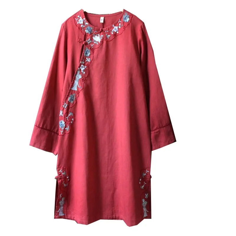 National Style Literary Embroidery Plate Button Shirt Long Section Cotton Linen Tea Service Zen Clothing Sen Female |