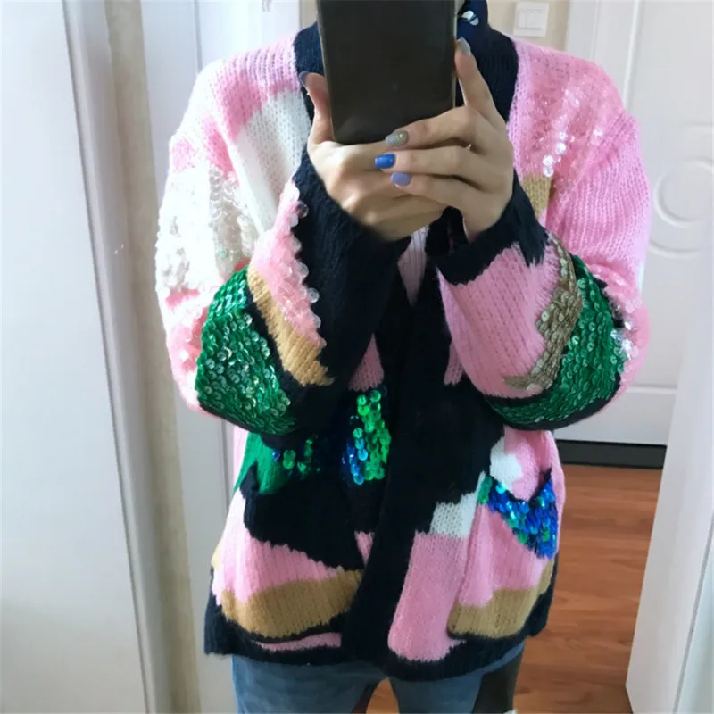 Женский трикотажный свитер с блестками длинным рукавом и карманами|runway sweater|cardigan