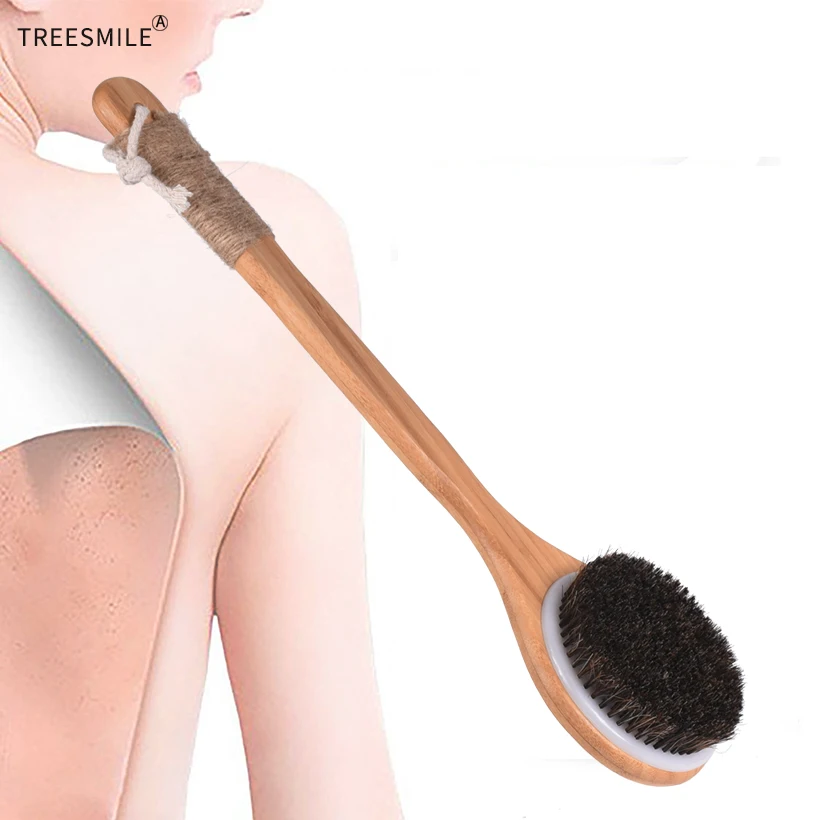 TREESMIL Natural Bristle Bath Brush Exfoliating Beauty Body shower Brush Portable Travel Massage Horse Hair Wooden Dry Brush D30