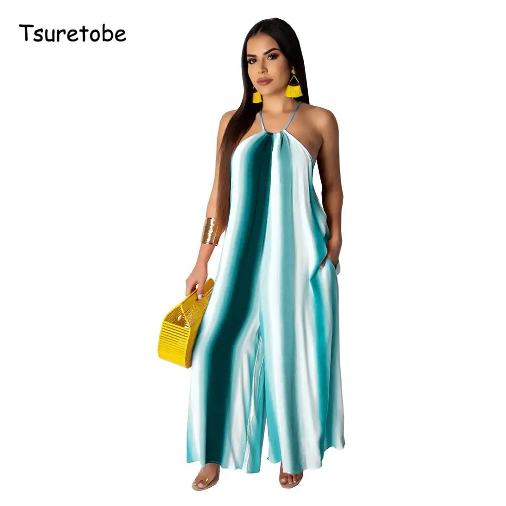 

Tsuretobe Loose Boho Halter Printed Jumpsuit Wide Leg Women Casual Strappy Romper Sleeveless Lady Beach Stripe Overalls Female
