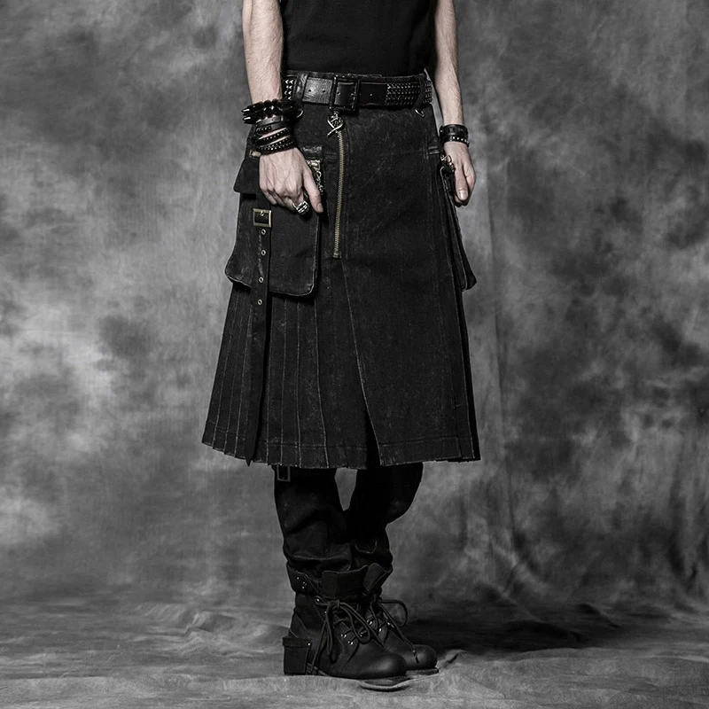 Юбка мужская клетчатая с поясом плиссированная юбка двусторонним карманом