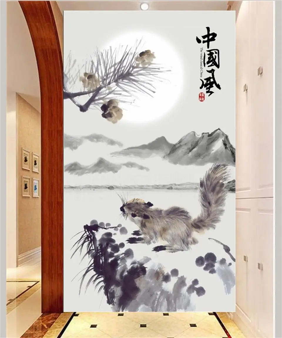 Custom 3d photo wallpaper porch entrance room mural Chinese style ink squirrel painting sofa background wall non-woven sticker |