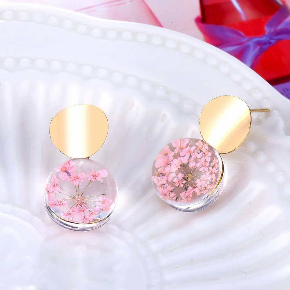 Flower Серьги из прозрачного стекла золотого цвета с блестками, висячие серьги для женщин, модные розовые свадебные серьги с высушенными цветами - Окраска металла: Flower
