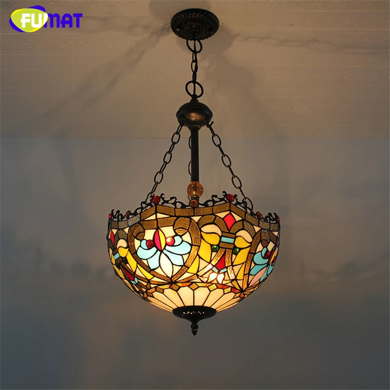 

FUMAT Stained Glass Pendant Lamp Flower Dragonfly Art Glass Shade Lights Restaurant Living Room Suspension Project Light Fixture