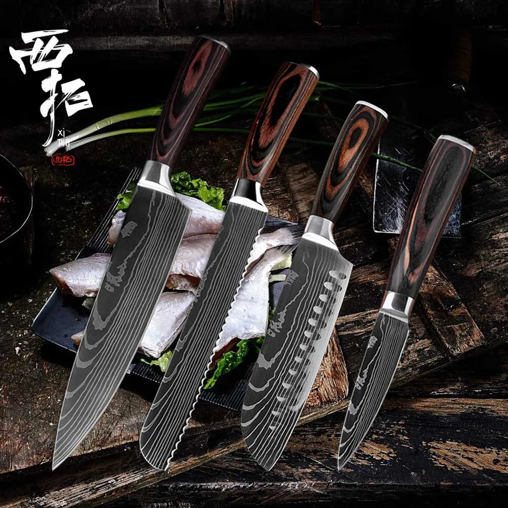 4PCS Set-A XITUO профессиональный нож шеф-повара Santoku для резки мяса хлеба фруктов овощей антипригарный китайский кухонный нож лазерный дамасский узор - Цвет: 4PCS Set-A