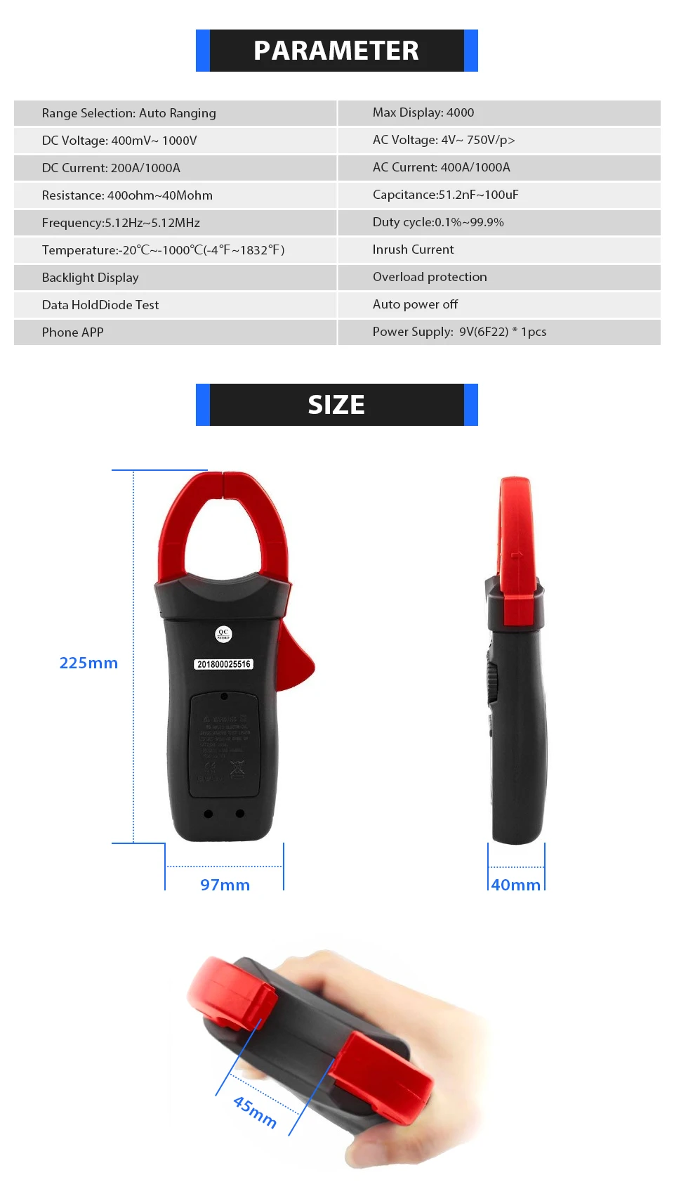 BTMETER Цифровой мультиметр-зажим, Автоматический диапазон Bluetooth амперметр, сопротивление, температура, Удержание данных для электрического амперметра HVAC
