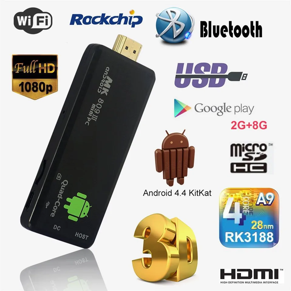 Мини ТВ палка DLAN ключ StickAndroid 4 PC четырехъядерный Rockchip RK3188T 2G/8G Wifi Медиаплеер MK809III
