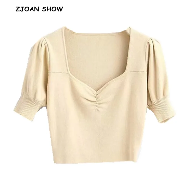 2019 Новый Винтаж Ruched V шеи короткими рукавами пуфами Вязание футболка женская Slim Fit