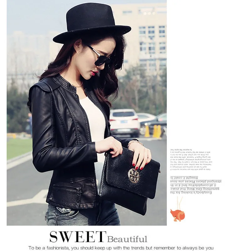 Осень Искусственная Кожа Куртка Тонкий Короткие Дизайн Мотоцикла Женщины