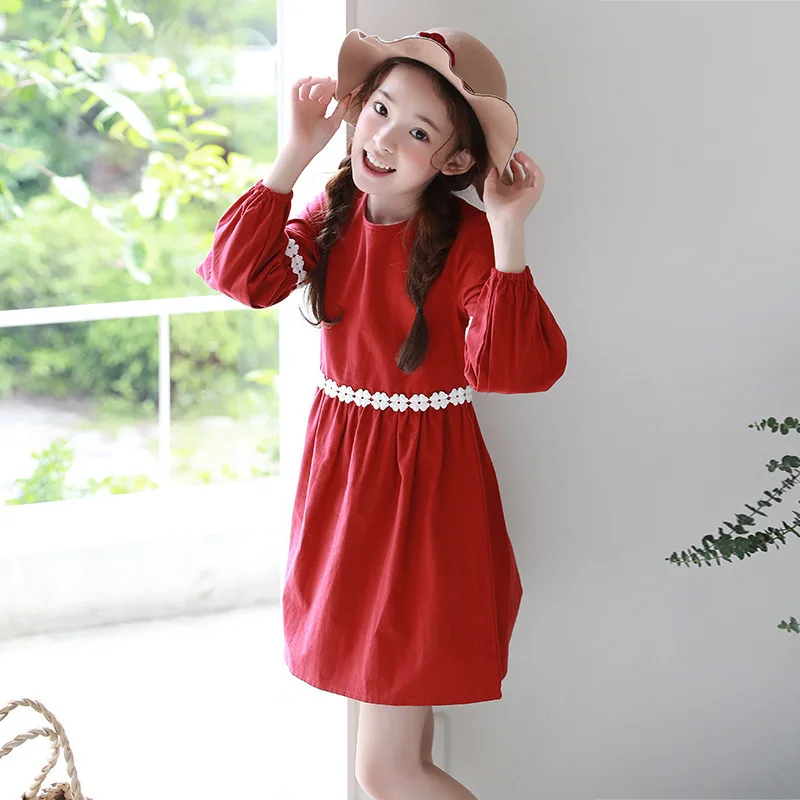 floral patchwork red lantern sleeve school new arrival girls dresses a line teen 14 12 10 8 6 4 children clothing | Детская одежда и