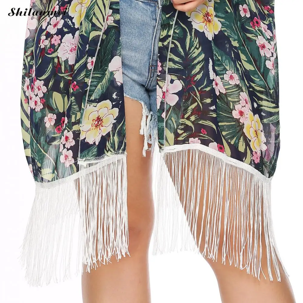 Casual Women Summer Blouses Chiffon Tassels Swimming Cover Ups Printed Floral Green Bohemia Boho Fashion Pull Femme Tops Shirt |