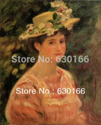 

Hand Painted Oil Painting - Young Woman Wearing a Hat with Wild Roses by Pierre Auguste Renoir Wall Art Canvas